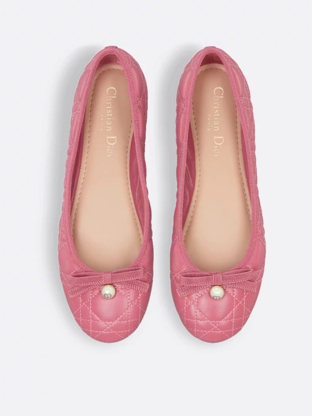 Dior Rose Pink Quilted Ballet Flats with Bow & Pearl
